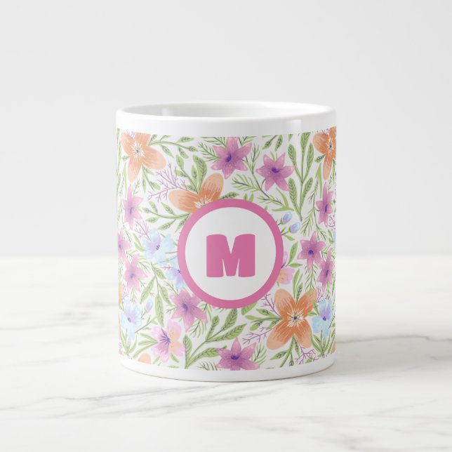 Colourful Spring Flower Watercolor Pattern Monogra Large Coffee Mug (Front)