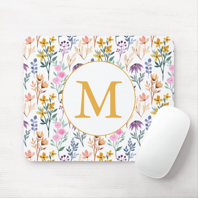 Colourful Spring Flower Watercolor Pattern Monogra Mouse Pad (With Mouse)