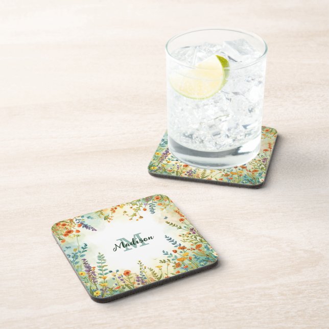 Colourful Spring Flower Wildflower Bouquet Monogra Coaster (Right Side)