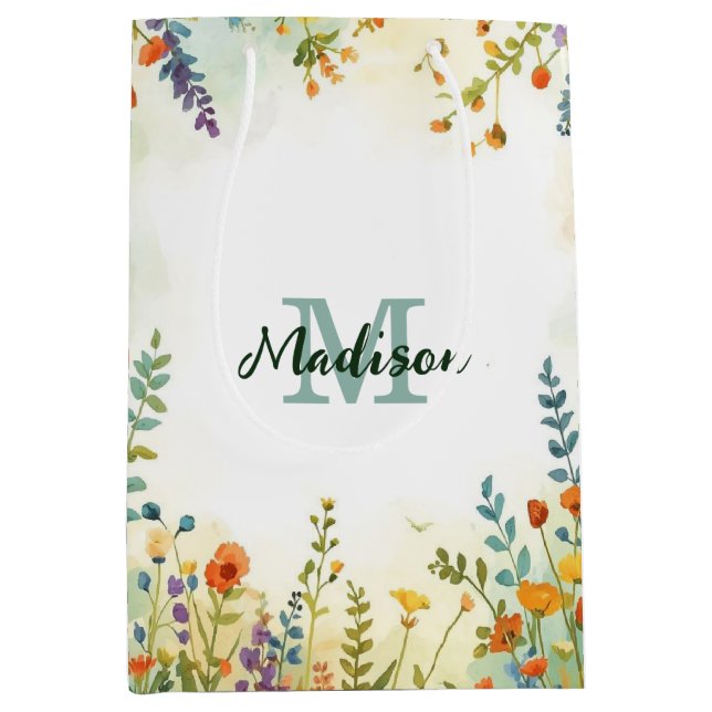 Colourful Spring Flower Wildflower Bouquet Monogra Medium Gift Bag (Front)