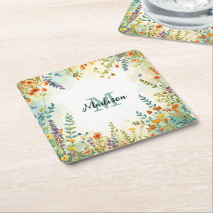 Colourful Spring Flower Wildflower Bouquet Monogra Square Paper Coaster