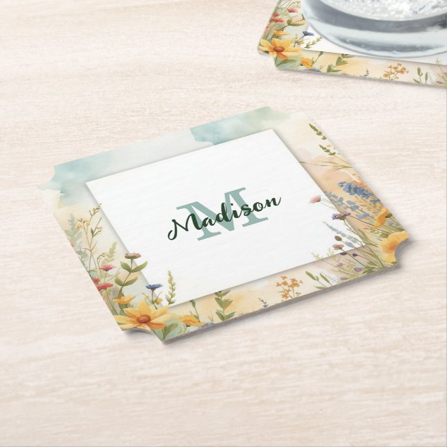 Colourful Spring Flower Wildflower Monogram Frame Paper Coaster (Angled)