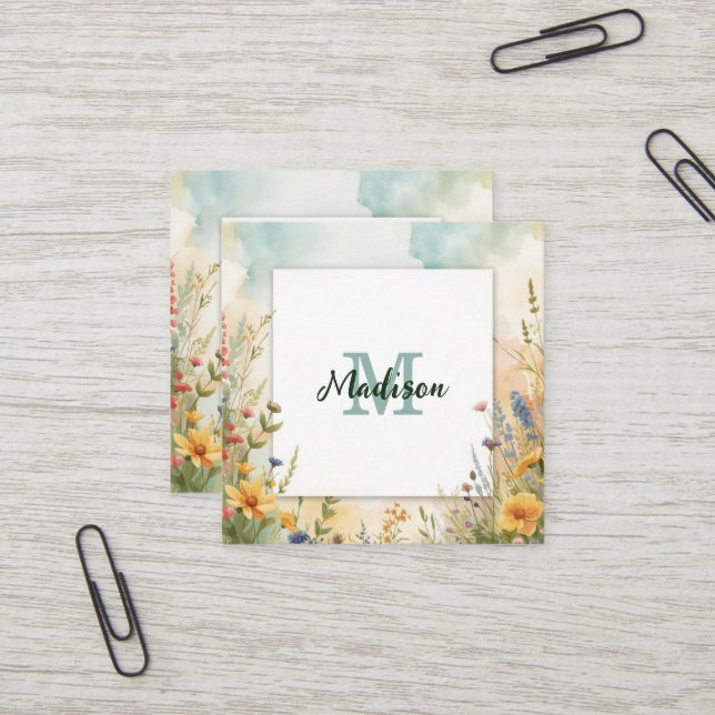 Colourful Spring Flower Wildflower Monogram Frame Square Business Card (Front/Back In Situ)