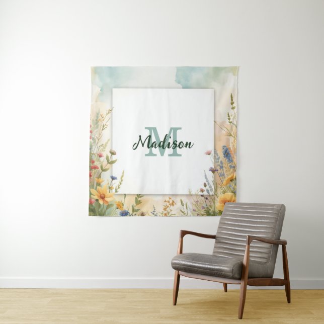 Colourful Spring Flower Wildflower Monogram Frame Tapestry (In Situ)