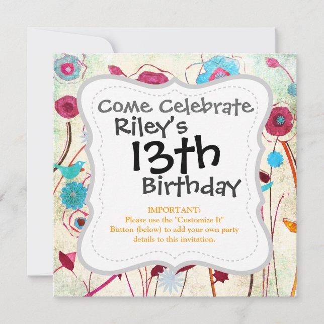 Colourful Spring Flowers Birds Mulberry Blue Orang Invitation (Front)