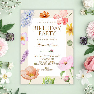 Colourful spring flowers birthday invitation