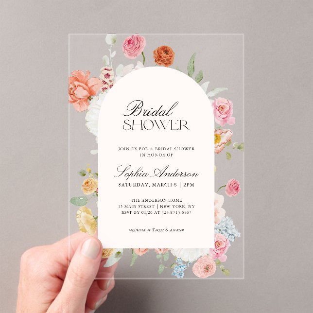 Colourful Spring Flowers Calligraphy Bridal Shower Acrylic Invitations (Insitu (Handheld))