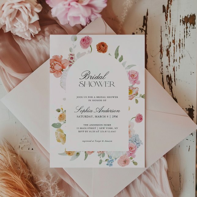 Colourful Spring Flowers Calligraphy Bridal Shower Invitation (Creator Uploaded)