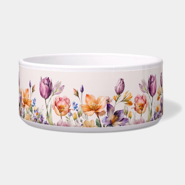 Colourful Spring Flowers Ceramic Pet Bowl (Front)