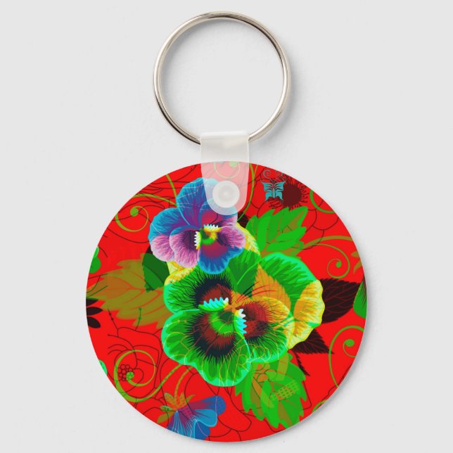 Colourful Spring Flowers Design Red Background Key Ring (Front)