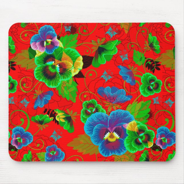 Colourful Spring Flowers Design Red Background Mouse Pad (Front)