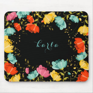 Colourful Spring Flowers Frame Black Background Mouse Pad
