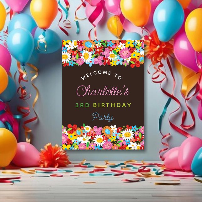 Colourful Spring Flowers Garden Birthday Welcome Poster (Colorful Whimsical Spring Flowers Garden Girl's Birthday Party Welcome Poster @ fat_fa_tin)