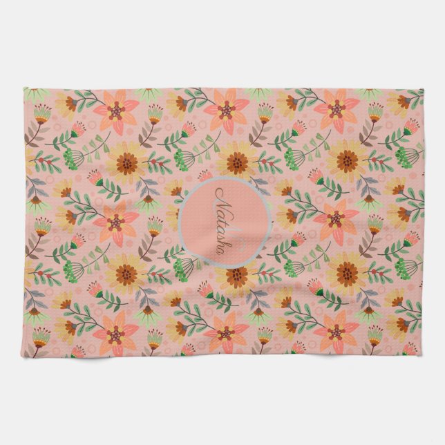 Colourful Spring Flowers Girly Name Monogram Tea Towel (Horizontal)