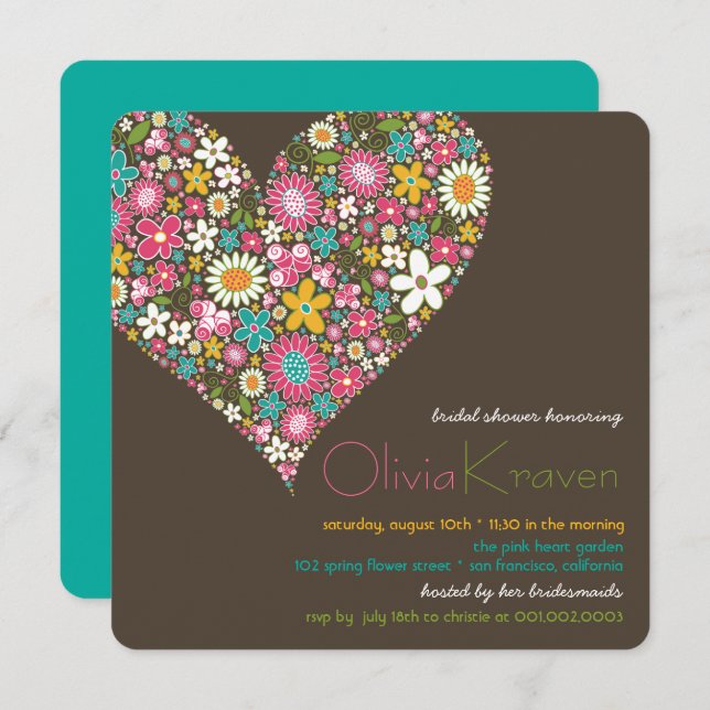 Colourful Spring Flowers Heart Bridal Shower Invit Invitation (Front/Back)