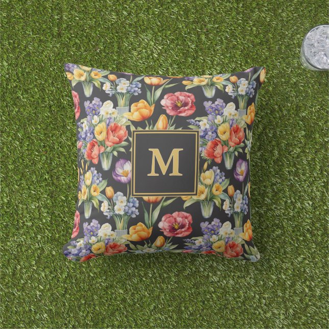 Colourful Spring Flowers Monogrammed Garden Cushion (Grass)