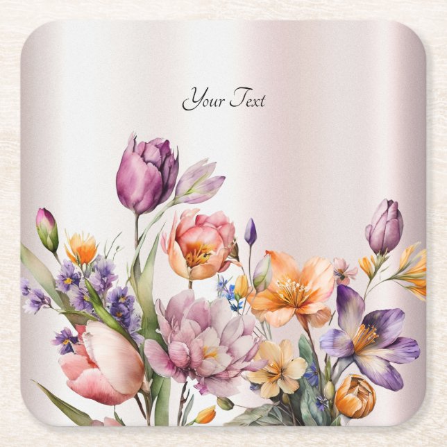 Colourful Spring Flowers Paper Coaster (Front)