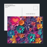 Colourful Spring Flowers Pattern Postcard<br><div class="desc">Postcard with a cool digital 3d style pattern. Bright and colourful flowers with a cool style which looks like paper cutouts.</div>