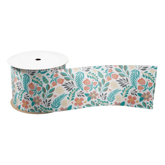 Colourful spring flowers pattern satin ribbon (Spool)