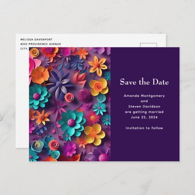 Colourful Spring Flowers Pattern Save the Date Invitation Postcard (Front/Back)