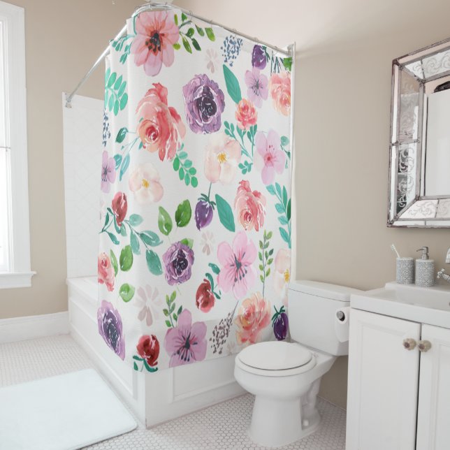 Colourful Spring Flowers Pattern Shower Curtain (In Situ)