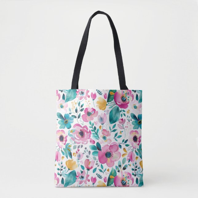Colourful spring flowers pattern tote bag (Front)