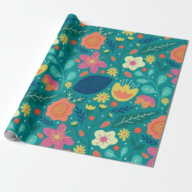 Colourful spring flowers pattern wrapping paper (Unrolled)