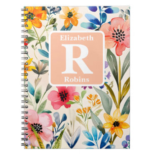 Colourful spring flowers personalised Monogram  Notebook