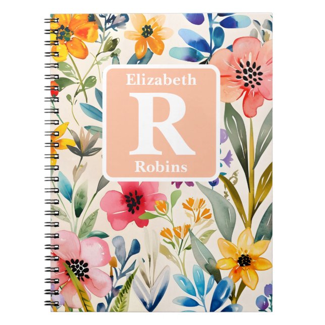 Colourful spring flowers personalised Monogram  Notebook (Front)