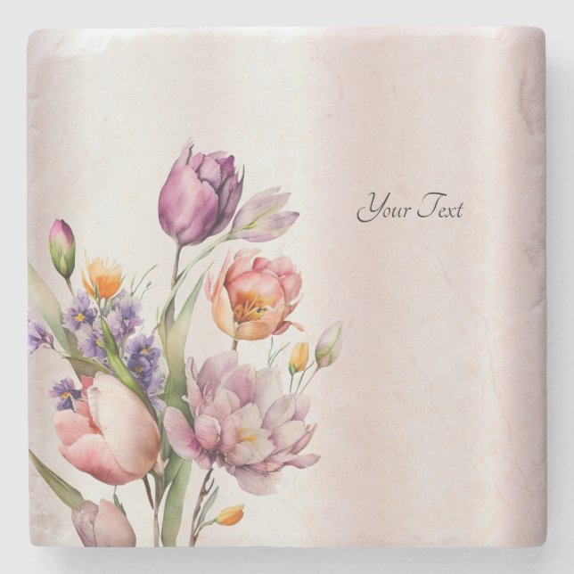 Colourful Spring Flowers Stone Coaster (Front)