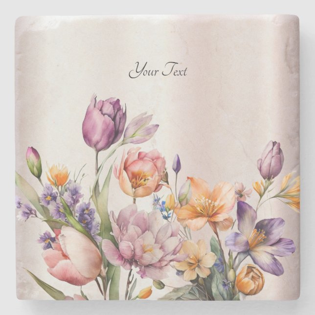 Colourful Spring Flowers Stone Coaster (Front)