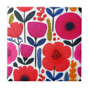Colourful Spring Flowers Watercolor Boho Tile
