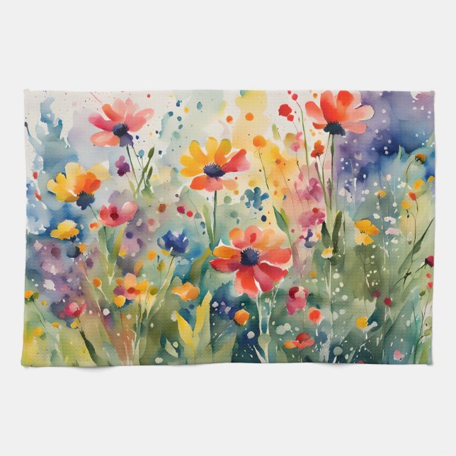 Colourful Spring Flowers Watercolor Kitchen Towel (Horizontal)
