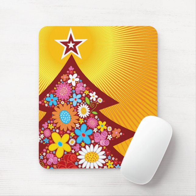 Colourful Spring Flowers Whimsical Christmas Tree Mouse Pad (With Mouse)