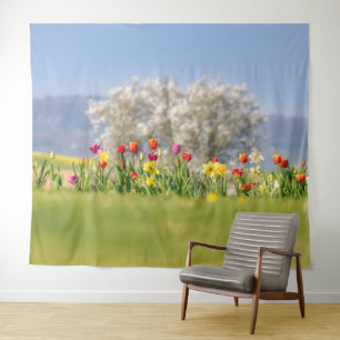 Colourful Spring Flowers with Tulips and Daffodils Tapestry