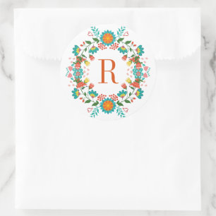 Colourful Spring Flowers Wreath Monogram Classic Round Sticker