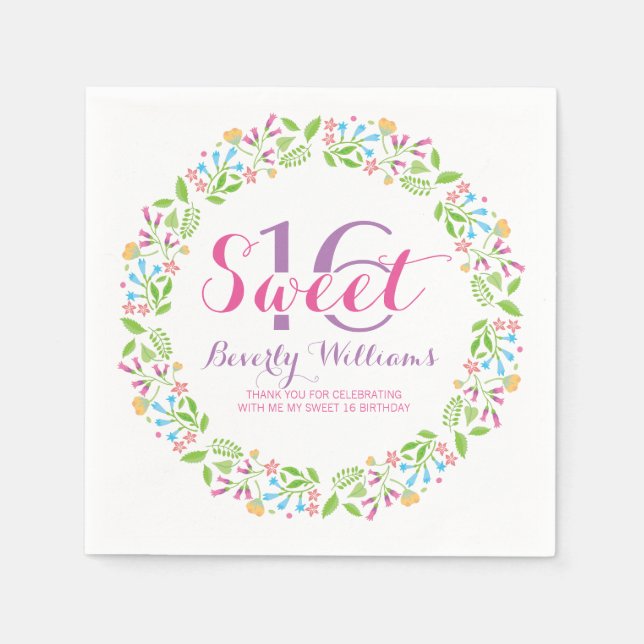 Colourful Spring Flowers Wreath Sweet 16 3 Napkin (Front)