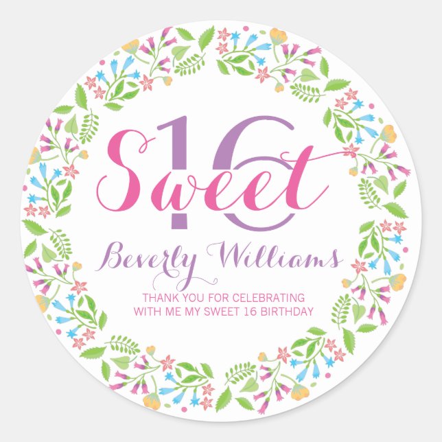 Colourful Spring Flowers Wreath Sweet 16 Classic Round Sticker (Front)