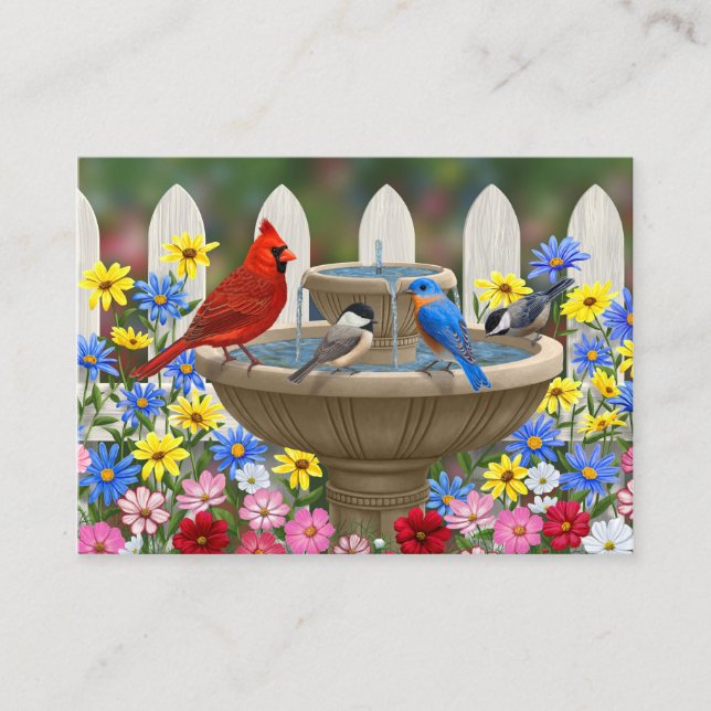 Colourful Spring Garden Bird Bath Business Card (Front)