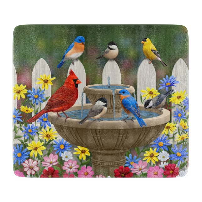 Colourful Spring Garden Bird Bath Cutting Board (Front)