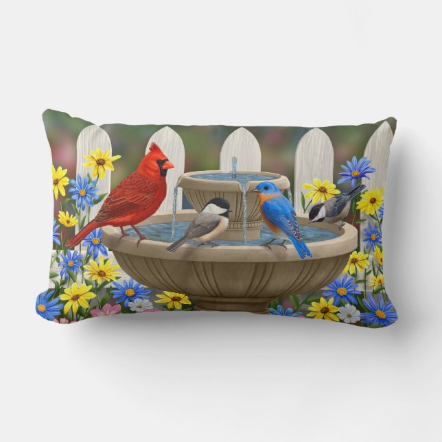 Colourful Spring Garden Bird Bath Lumbar Cushion (Front)