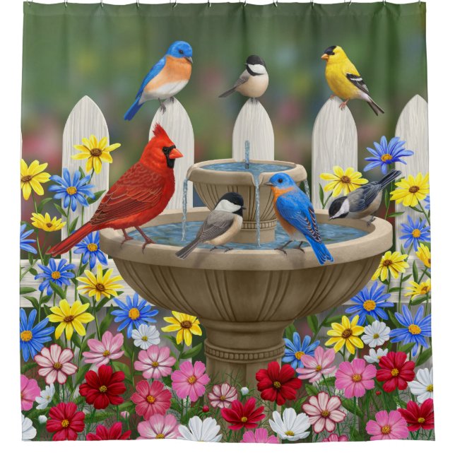 Colourful Spring Garden Bird Bath Shower Curtain (Front)
