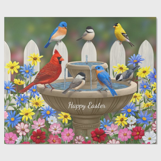 Colourful Spring Garden Bird Bath Wrapping Paper (Flat)