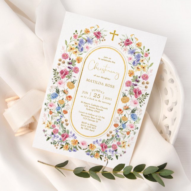 Colourful Spring Garden Flowers Christening Invitation (Creator Uploaded)
