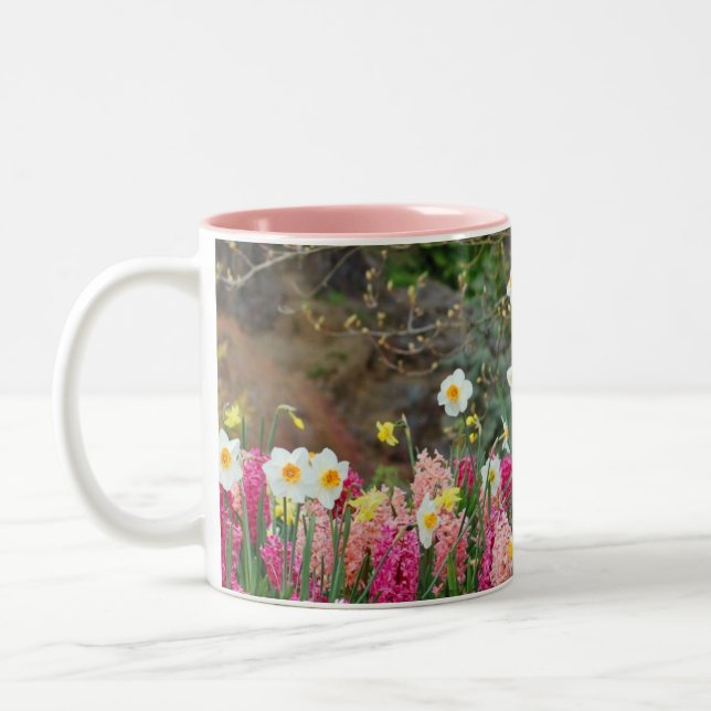 Colourful spring garden print coffee mug (Left)