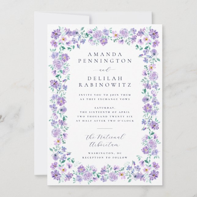 Colourful Spring Purple Lavender Flowers Wedding Invitation (Front)