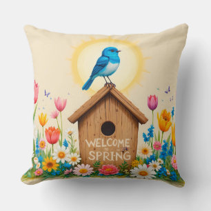 Colourful Spring Scene with Birdhouse Cushion