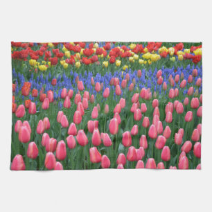 Colourful spring tulip garden tea towel