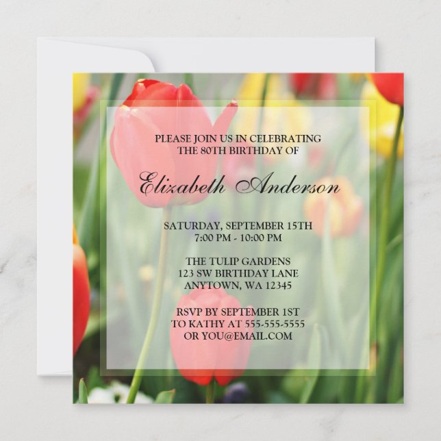 Colourful Spring Tulips 80th Birthday Party Invitation (Front)