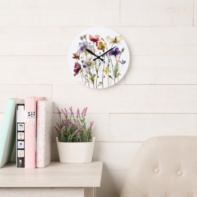 colourful spring wild flowers in water colour  large clock (Reading Room)